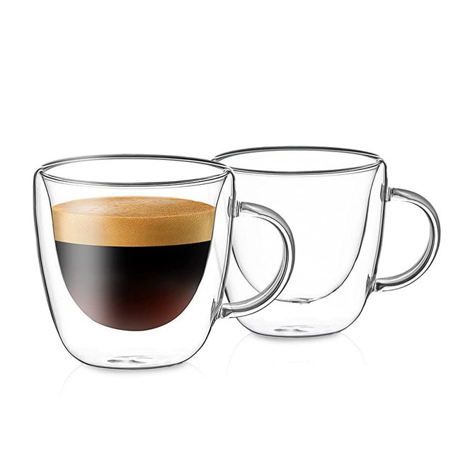 Red Rocks Clear Double Wall Insulated Espresso Cups – Set of 2 4 Oz Double Walled Glass Coffee Mugs with Handles – Lead-Free Borosilicate Glass Espresso Cups – Thermal Clear Glass Cups for Home, Bar