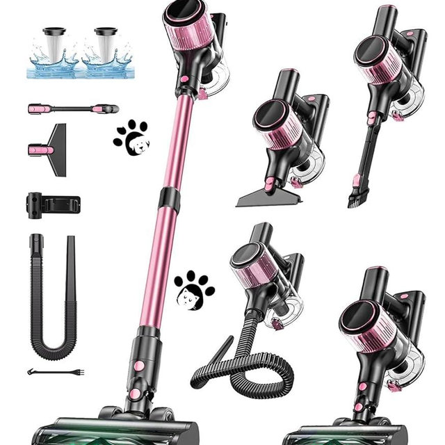 Cordless Vacuum Cleaner, 10 in 1 Stick Vacuum with Powerful Suction, Hose, Green LED Light, Anti-Tangle Brush, Lightweight Rechargeable Vacuum Cleaner for Home, Hardwood Floors, Carpets, Pet Hair,Pink