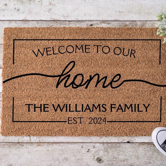 Welcome To Our Home Personalized Name Doormat, Flocked Coir Door Welcome Mat, Engagement Wedding Gift, Realtor Client Gift, Outdoor Rug