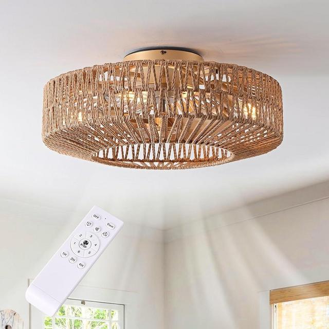 OPKMB 20" Boho Caged Fandelier with Lights Flush Mount Rattan Ceiling Fan with Lights and Remote Control, Enclosed 6 Speeds Low Profile Fan Light for Bedroom, Living Room, Kitchen