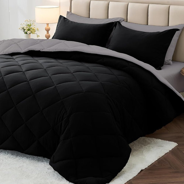 MUXHOMO 7 Pieces King Comforter Set, Reversible Bed in a Bag King Size, All Season Bedding Set with Comforter, Flat Sheet, Fitted Sheet, Pillowcases & Shams, Black & Soot