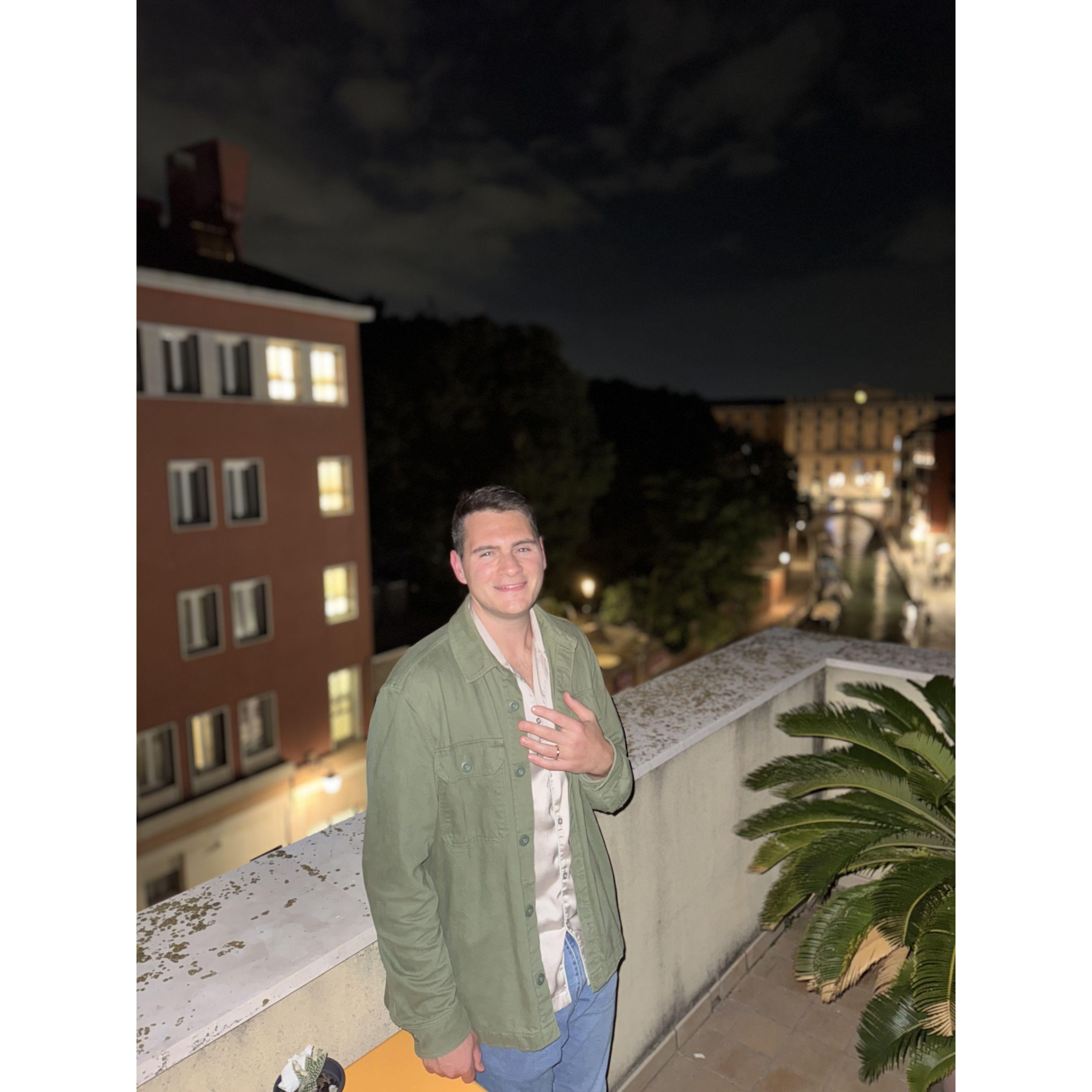 After Justin said "yes," we strolled back to the hotel and on the rooftop terrace, Justin proposed to Vinny too. We then danced under the stars to "This Will Be" by Natalie Cole!