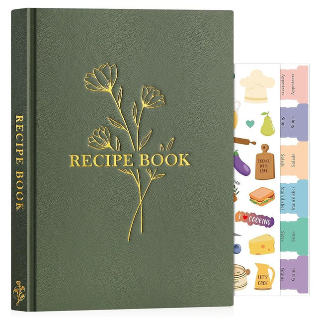 Lanpn Blank Recipe Book Cookbook to Write in Your Own Recipes, Waterproof B5 Empty Cooking Journal for 120 Recipes, Leather Cover Recipe Notebook with Stickers to Organize Your Family Recipes, Green