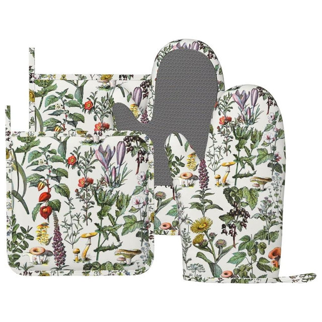 CEVIOLINRE Vintage Botanical Oven Mitts and Pot Holders Set Silicone Heat Resistant Plants Herbs Mushroom Sage Green Leaf Ferns Kitchen Gloves Set Boho Retro Wildflower Kitchen Mittens Pot Holders