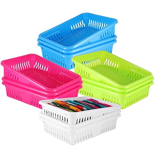 Bright Plastic Organizer Bins - 12 Pack –Colorful Storage Trays, Modular Baskets Holders for Classroom, Drawers, Shelves, Desktop, Closet, Playroom, Office – 4 Color - BPA Free