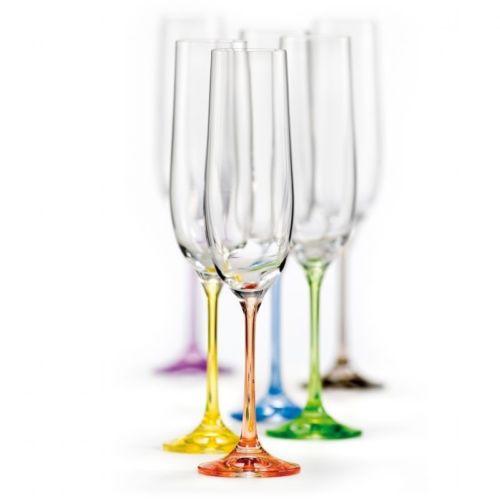 Bohemian Crystal Set of 6 Champagne Flutes - Rainbow Colored Stem Glasses 6 Oz