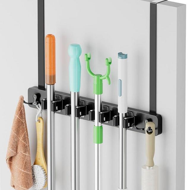Lorbro Broom Holder Door Mount, Over the Door Broom and Mop Holder with 2 Over Door Hooks, Wood Broom Hanger, Tool Rack Organizer for Laundry, Garage, Closet, Kitchen Decor, 4 Slots & 4 Hooks Rustic