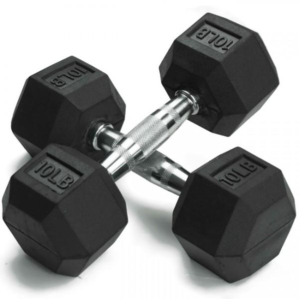 Pair of 10 lb Black Rubber Coated Hex Dumbbells