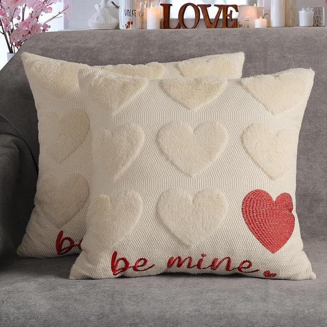 4TH Emotion Be Mine Valentine's Day Decorative Pillow Covers 18x18 inch Set of 2, Beige Soft Plush Faux Fur Farmhouse Throw Cushion Cases for Spring Holiday Home Decor