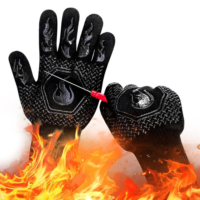 BBQ Fireproof Gloves, Grill Cut-Resistant Gloves 1472°F Heat Resistant Gloves, Non-Slip Silicone Oven Gloves, Kitchen Safe Cooking Gloves for Oven Mitts,Barbecue,Cooking, Frying,13.5 Inch-Black