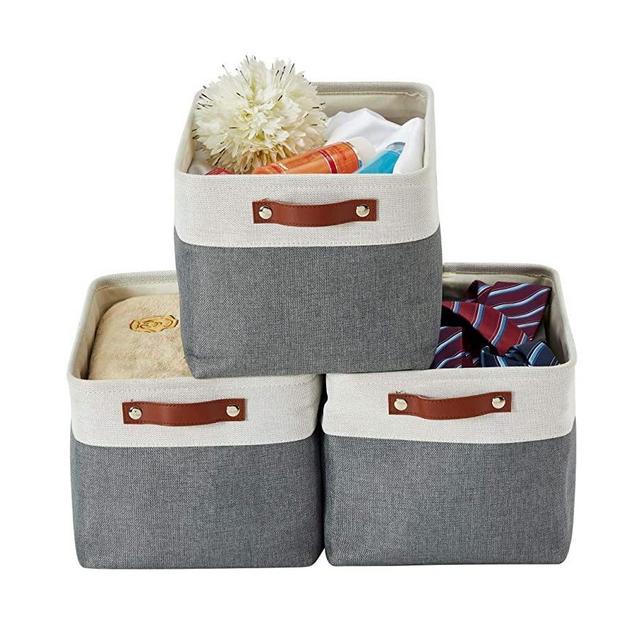 DECOMOMO Foldable Storage Bin [3-Pack] Collapsible Sturdy Cationic Fabric Storage Basket Cube W/Handles for Organizing Shelf Nursery Home Closet & Office (Dark Grey and White, Large - 15 x 11 x 9.5)