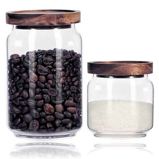 Vensp Clear Borosilicate Glass Storage Jars with Airtight Wooden Lids,Glass Kitchen Storage Jar Canisters, Sealed Jars For Sugar Salt,Glass Loose Tea Storage Holder Container,19 Floz,29 Floz,2 Piece Set