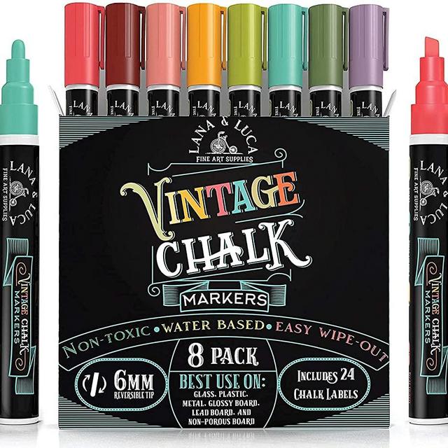 LANA & LUCA Liquid Chalk Markers for Blackboards - Wet Erase Marker Pens - Chalk Markers for Chalkboards Signs, Windows, Blackboard, Glass - 6mm Reversible Tip (8 Pack) - Vintage Colors Multicolor