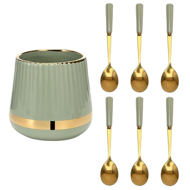 6PCS Coffee Spoons with Ceramic Jar Holder, Small Stainless Steel Gold Tea Spoons, Mini Dessert Spoons Set for Fruit, Stirring, Mixing, Sugar, Ice Cream, Cake (Light Green)