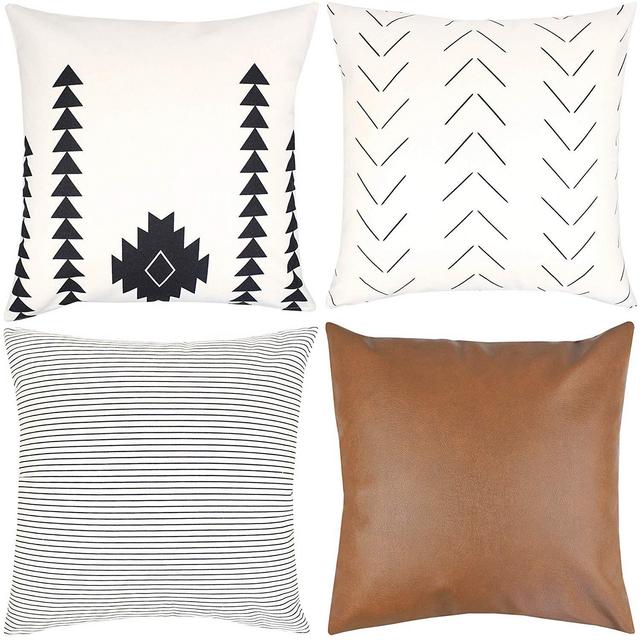 Woven Nook Decorative Throw Pillow Covers ONLY for Couch, Sofa, or Bed Set of 4 18x18 20x20 and 22x22 inch Modern Design 100% Cotton Stripes Geometric Faux Leather Amaro Set (18'' x 18'')