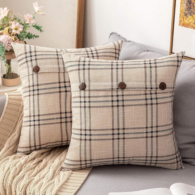 MIULEE Christmas Set of 2 Decorative Linen Throw Pillow Covers Triple Button Pillowcases Farmhouse Retro Plaid Cushion Cases for Couch Sofa Bed 20x20 Inch Beige