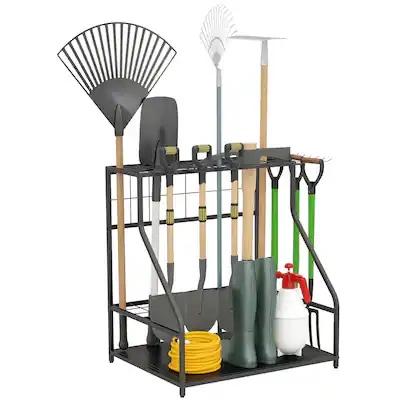Outsunny - Garden Tool Organizer for Garage, 3-Tier Yard Tool Storage Rack with Hooks for Long-Handled, Broom, Shovel, Rake - Orange