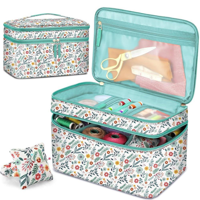 FINPAC Sewing Accessories Storage and Organizer Case, Double-Layer Sewing Kits Carrying Bag with Wrist Pin Cushion for Threads, Needles, Embroidery Floss Supplies, Felting Kits (Spring Bloom)