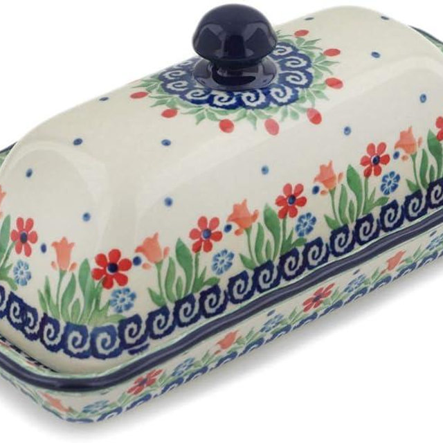 Polmedia Polish Pottery Butter Dish - Babcia's Garden Pattern Handmade in Boleslawiec Poland by Ceramika Artystyczna + Certificate of Authenticity