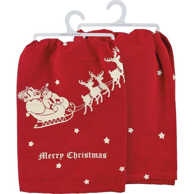 Primitives by Kathy Decorative Kitchen Towel - Merry Christmas, Nostalgic Rustic Santa Sleigh in Starry Sky