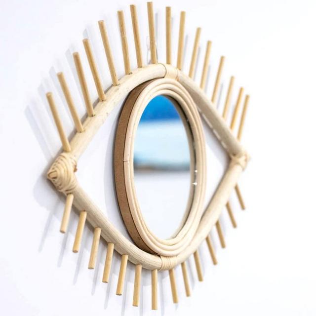 Bamboo and Rattan Eye Mirror Wall Decor - 17"x12" Handmade Natural Hanging Eye Mirror, Boho Mirror or Evil Eye Mirror. Unique Rattan Mirror Eye or Bamboo Eclectic Mirror for Boho Decor. Bonus Cloth.