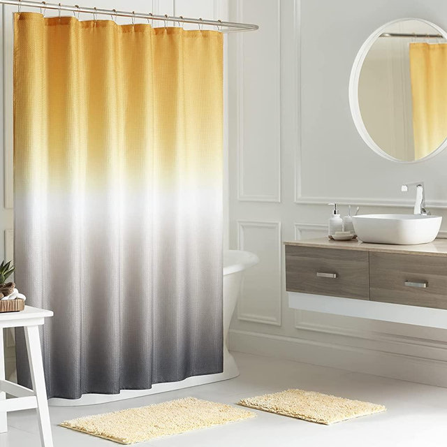 Creative Home Ideas – Ombre Bathroom Decor Set | 16 Pieces | Includes Shower Curtain, Liner, 2 Chenille Bathmats and 12 Hooks | Curtain Measures 70" x72" | Golden Yellow/White/Grey Ombre