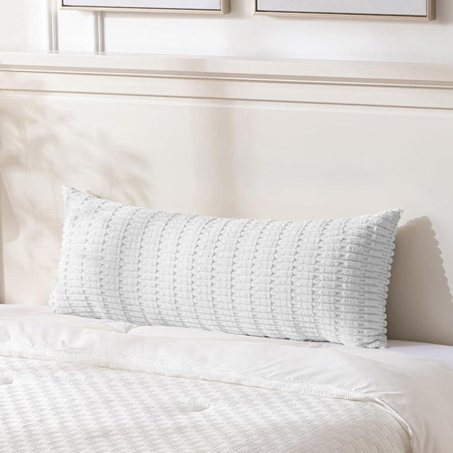 Fancy Homi Pure White Long Body Lumbar Lumbar Decorative Throw Pillow Covers 14x36 Inch for Bed Couch Bedroom Bench, Soft Corduroy Rectangle Solid Pillow Case, Rustic Farmhouse Boho Room Decor