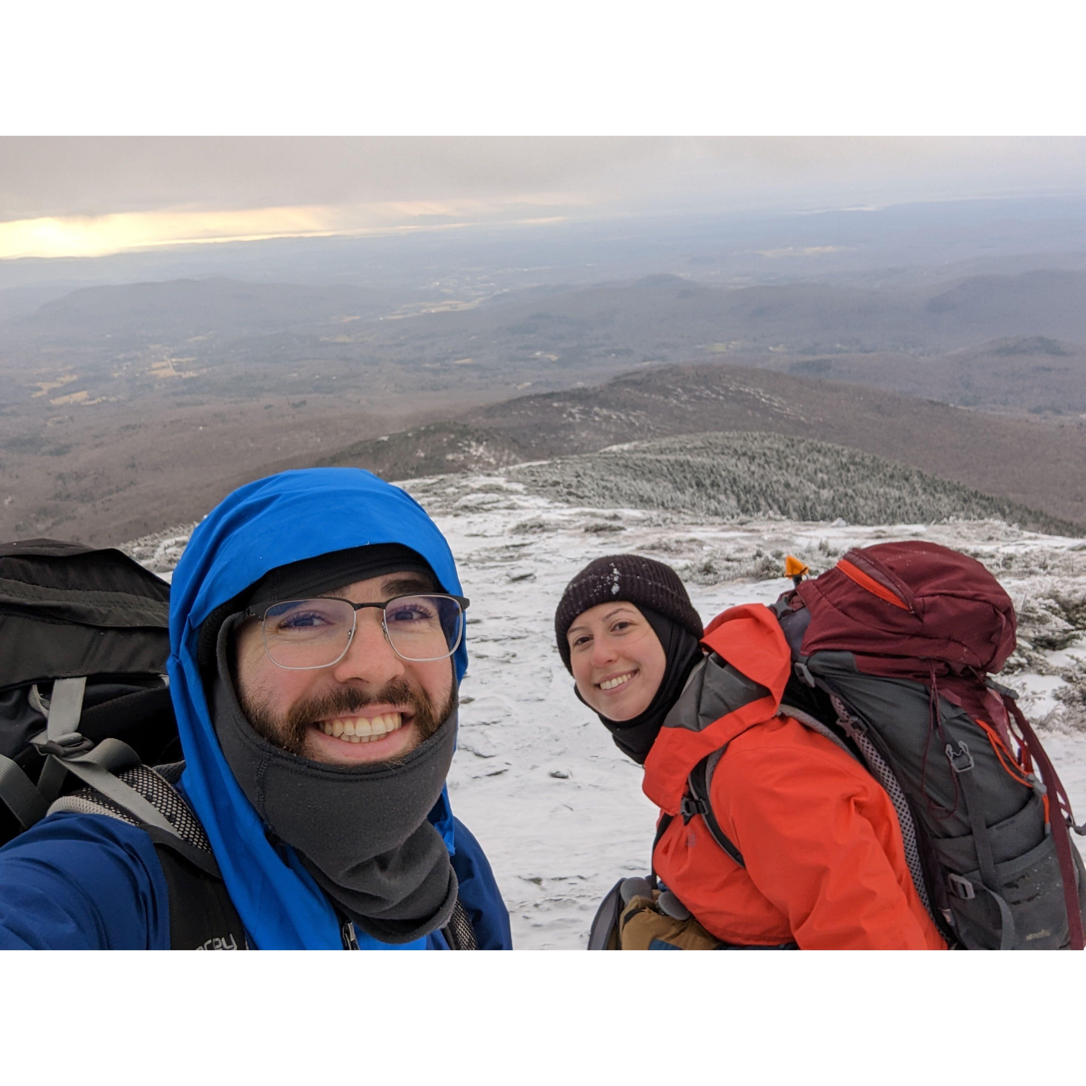 Sunset view on the slick, icy descent down Mt. Mansfield, VT.