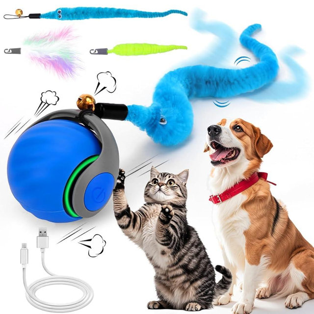 Mity rain Interactive Cat Ball Toy, Self Rolling Ball with Cover, Anti-Scratch for Indoor Cats, Obstacle Avoidance, Speedy Cat Toys for Enrichment, Motion Activated, Blue, 1 Count