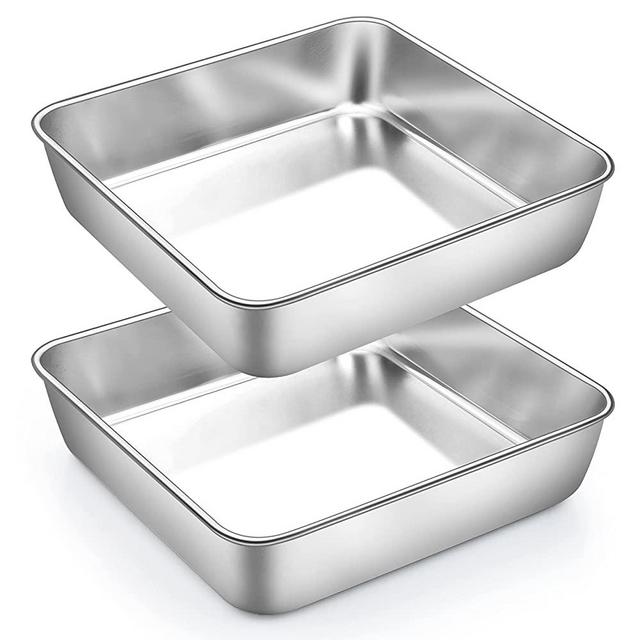 TeamFar Square Cake Pan, 2 PCS 8 Inch Square Baking Pan Stainless Steel for Cake Brownie Lasagna, Healthy & Non Toxic, Durable & Brushed Surface, Dishwasher Safe