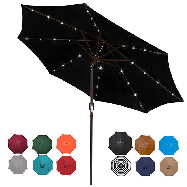 Blissun 9 ft Solar Umbrella 32 LED Lighted Patio Umbrella Table Market Umbrella with Tilt and Crank Outdoor Umbrella for Garden, Deck, Backyard, Pool and Beach, Black