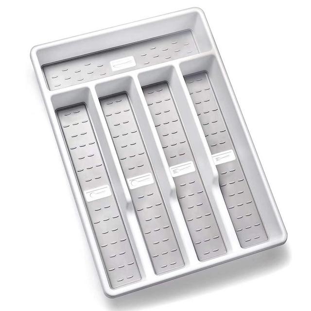 Joequality Silverware Organizer with Icons，Plastic Cutlery silverware Tray for Drawer，Utensil Flatware Tableware Organizer for Kitchen with Non-slip TPR,Fits Standard Drawer,5-Compartment，Grey