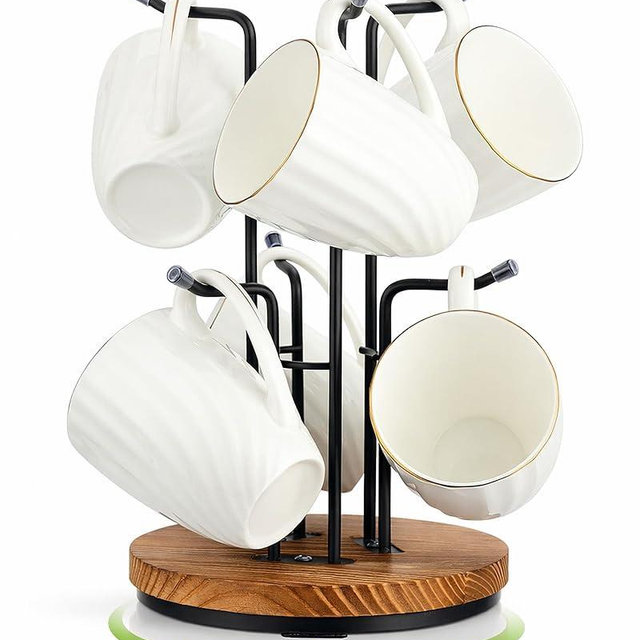 Vosturdy 360° Rotating Large Mug Tree for Counter, Coffee Mug Holder with 6 Hooks, Cup Holder Stand for Countertop, Metal Cup Tree Rack with Weighted Wood Base, Kitchen Coffee Bar Decor Display