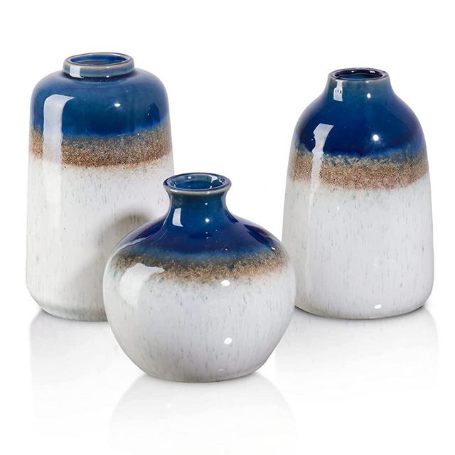 TERESA'S COLLECTIONS Modern Blue and White Ceramic Vases for Home Decor, Reactive Glazed Stoneware Decorative Vase for Table, Living Room, Fireplace, Set of 3