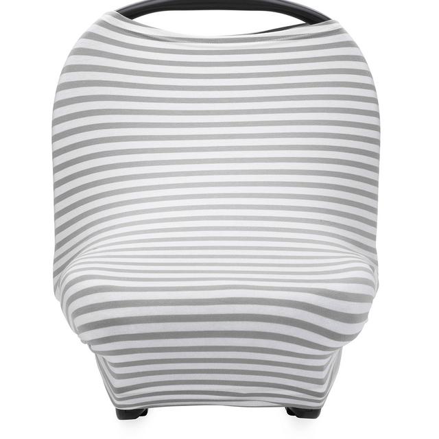 The Good Baby 4 in 1 Car Seat Cover for Girls and Boys - Stretchy Carseat Canopy, Nursing Cover, Grocery Cart Cover, Infinity Scarf - Grey/White Stripes