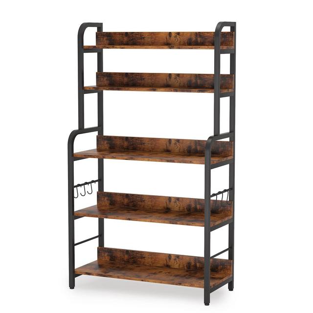 Tribesigns Industrial Kitchen Baker’s Rack with 6 Hooks, 5-Tier Utility Cart Storage Shelf, Microwave Oven Stand Rack, Floor Standing Spice Rack Organizer Workstation, Brown