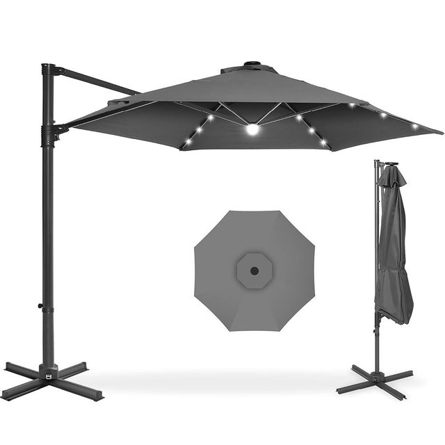 Best Choice Products 10ft Solar LED Offset Cantilever Hanging Market Patio Umbrella, Smooth 360° Rotation, 8 Sturdy Ribs, Easy Adjustment - Gray