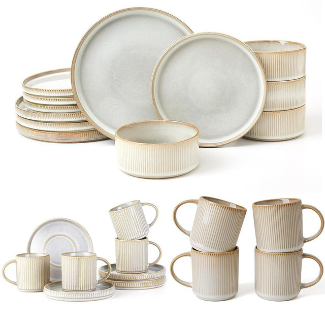Famiware Dinnerware Set for 4 (12 Piece) and 12oz Mug Set and 3oz Espresso Cups and Saucers Set- Star Stoneware Dishes - Cappuccino White