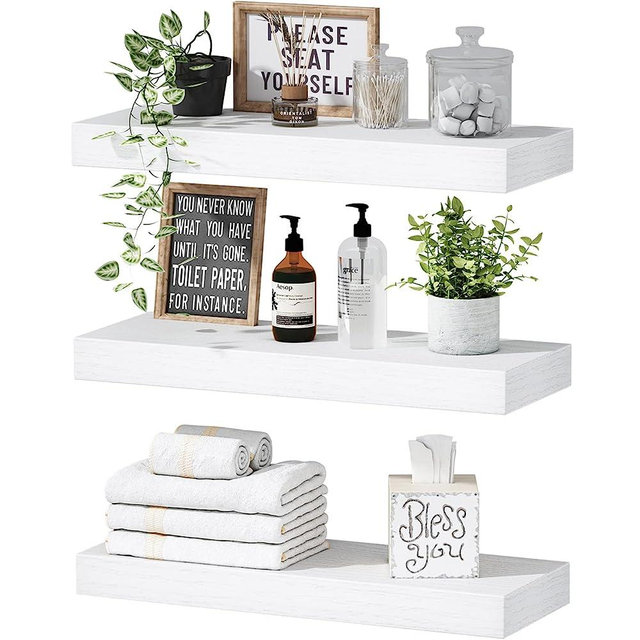 QEEIG White Floating Shelves Bathroom Shelf Bedroom Kitchen Modern Small Book Shelf for Wall Set of 3 (015-W3)