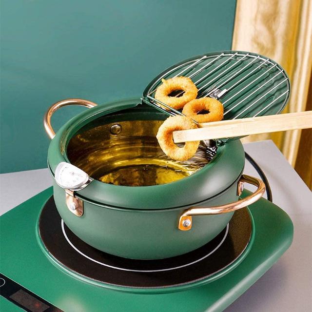BYBYCD Stainless Steel Deep Frying Pot with Thermometer and Oil Drip Rack Lid Japanese Style Deep Fryer Pot for Home Fry Chicken Chips Fish Shrimp (7.9 inch, green)