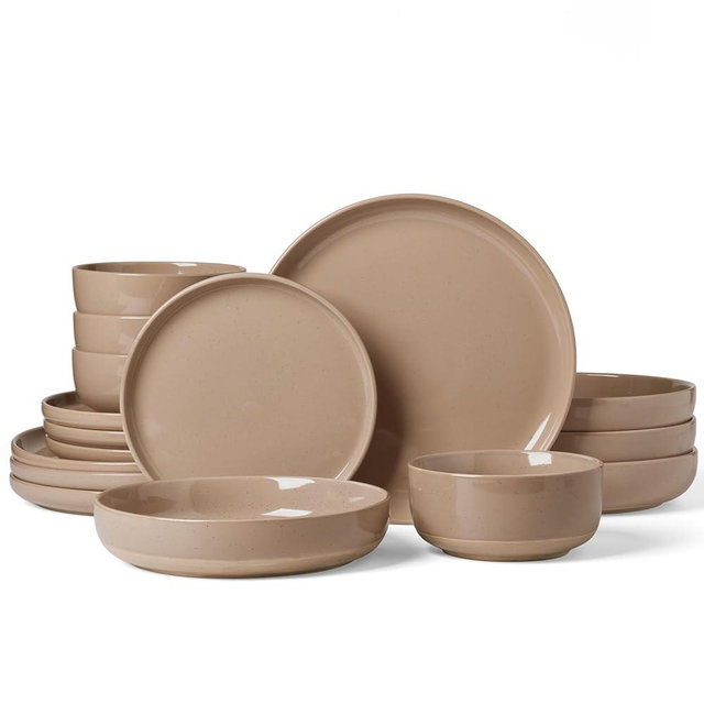 Famiware Milkyway Stoneware Dinnerware Sets with Pasta Bowls, Service for 4 (16 Pieces), Plates and Bowls Sets -Scratch Resistant, Microwave and Dishwasher Safe Dishes Set, Cinnamon Brown