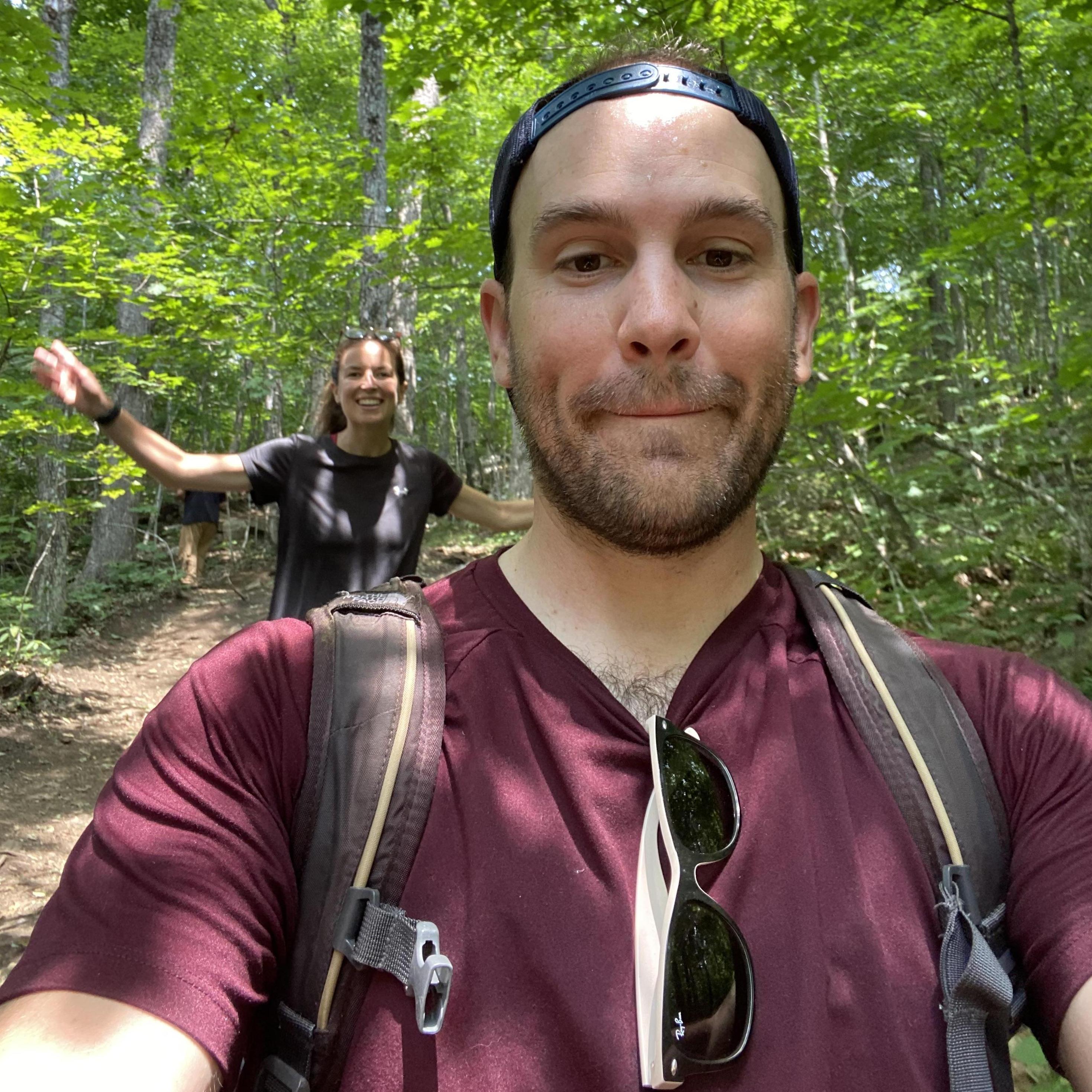 Lindz is elated to be among the trees, Mark is elated the picture doesn't capture how badly he was sweating.