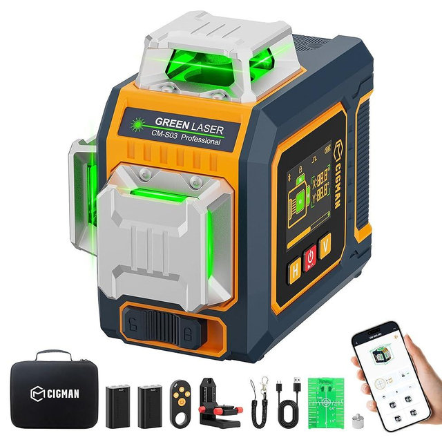 CIGMAN Green Laser Level, 3x360° Side LCD 12-Line Self-Leveling, Bluetooth App Remote, Pulse Mode for Receiver, ±1/8 in. at 33 ft Accuracy, 2x Li-ion (USB-C), 1/4-20 Mount, IP54, ABS Hard Case - S03