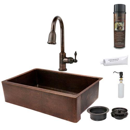 Premier Copper Products 35-Inch Hammered Copper Apron Single Bowl Kitchen Sink with Pull Down Faucet