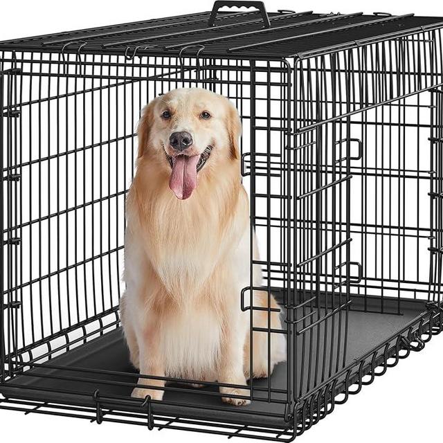 Yaheetech 42 inch Dog Crate Double Door Dog Crate w/Divider for Puppy to Adult XL Collapsible Metal Dog Crate with Removable Tray Wire Dog Kennel Pet Crate for Large Dogs Portable Travel Cage, Black