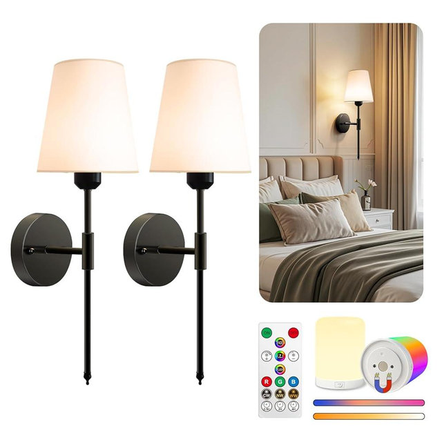 Adetu Battery Operated Wall Sconce Set of 2, Black Wireless Battery Wall Lights with 10000mAh RGB Dimmable Magnetic Bulbs and Remote Control, Rechargeable Wall Sconce for Bedroom Living Room Hallway