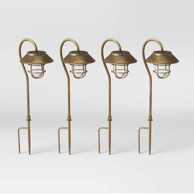 4pk Hooded Cage Hook Solar Pathway Lights with Remote Antique Brass - Smith & Hawken™