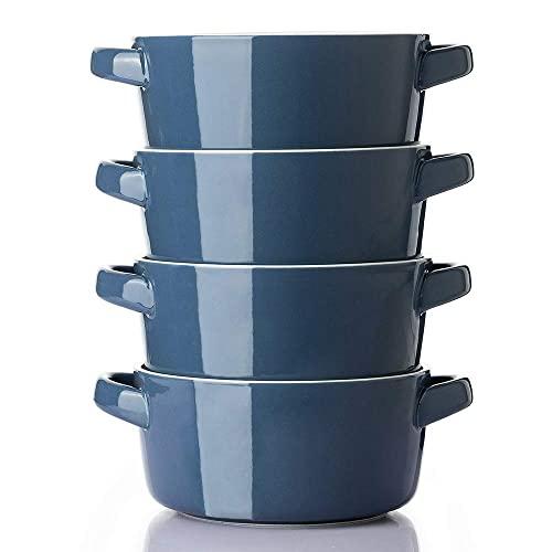 DOWAN 24 Ounces Porcelain Soup Bowls with Handles, Stackable Bowls for Cereal, Stew, Chill, Set of 4, Airy Blue