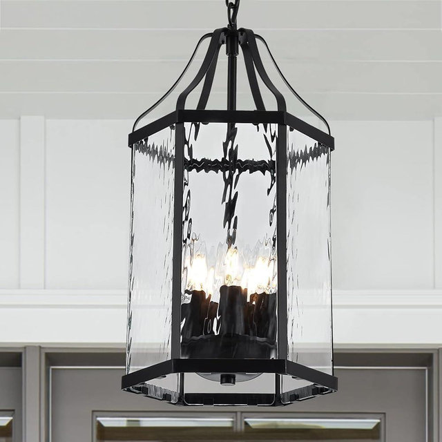 lighceac 10" Modern 5-Light Exterior Black Lantern Pendant Light Fixture with Clear Rippled Glass Mini Industrial Hanging Cage Chandelier for Outdoor Kitchen Dining Room Hallway Entryway Foyer Porch