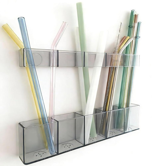 Colormz Acrylic Straw Holder for Cabinet Door - Child-Safe Organizer & Dispenser with Smooth Rounded Edges for Kitchen Accessories Storage, Adhesive Circles Included (Dark Transparent)